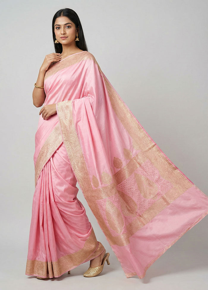 Pink Banarasi Silk Saree With Blouse Piece