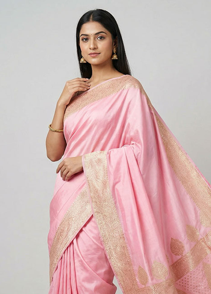 Pink Banarasi Silk Saree With Blouse Piece