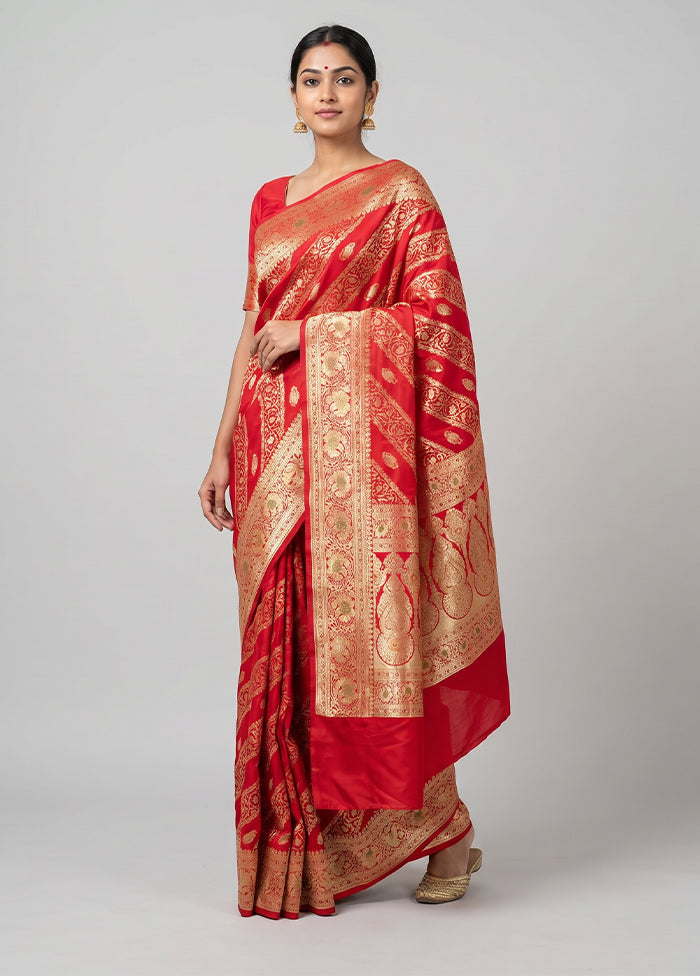 Red Banarasi Silk Saree With Blouse Piece