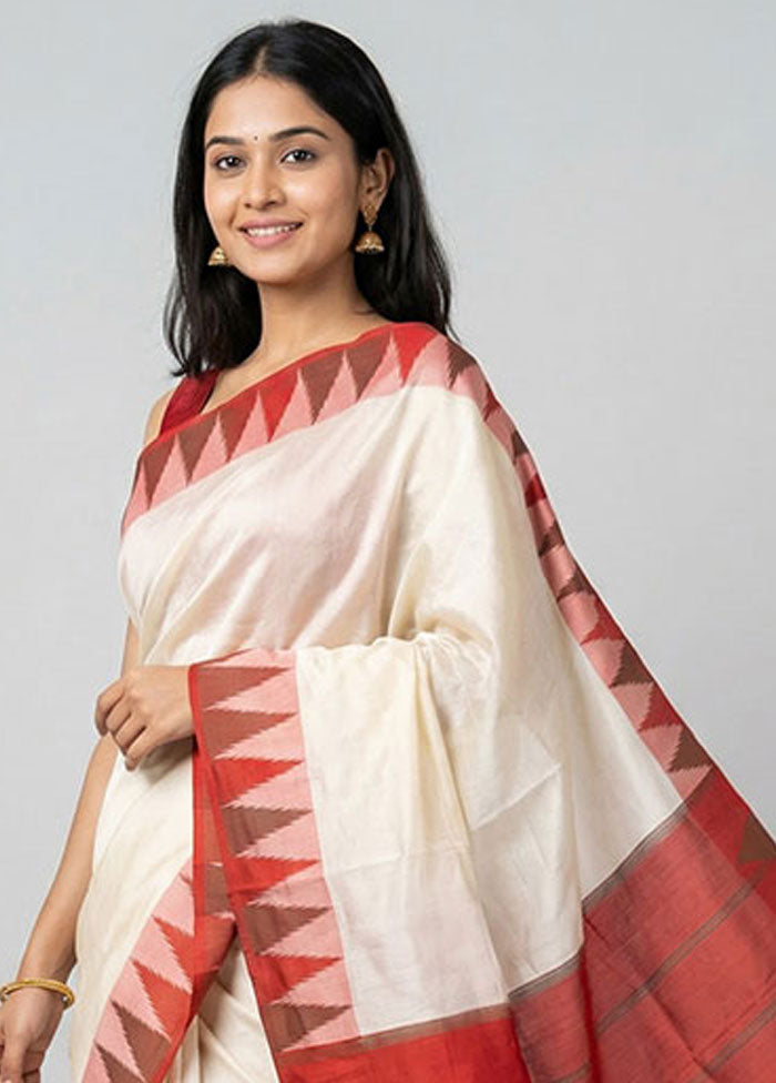 White Handloom Kanjivaram Pure Silk Saree With Blouse Piece