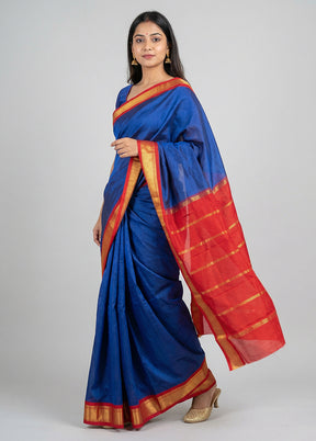 Blue Handloom Kanjivaram Pure Silk Saree With Blouse Piece
