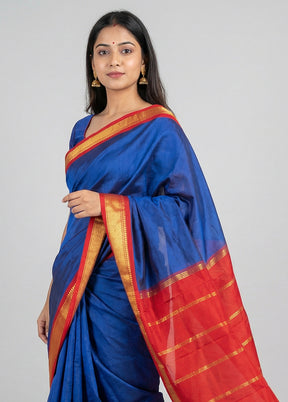 Blue Handloom Kanjivaram Pure Silk Saree With Blouse Piece