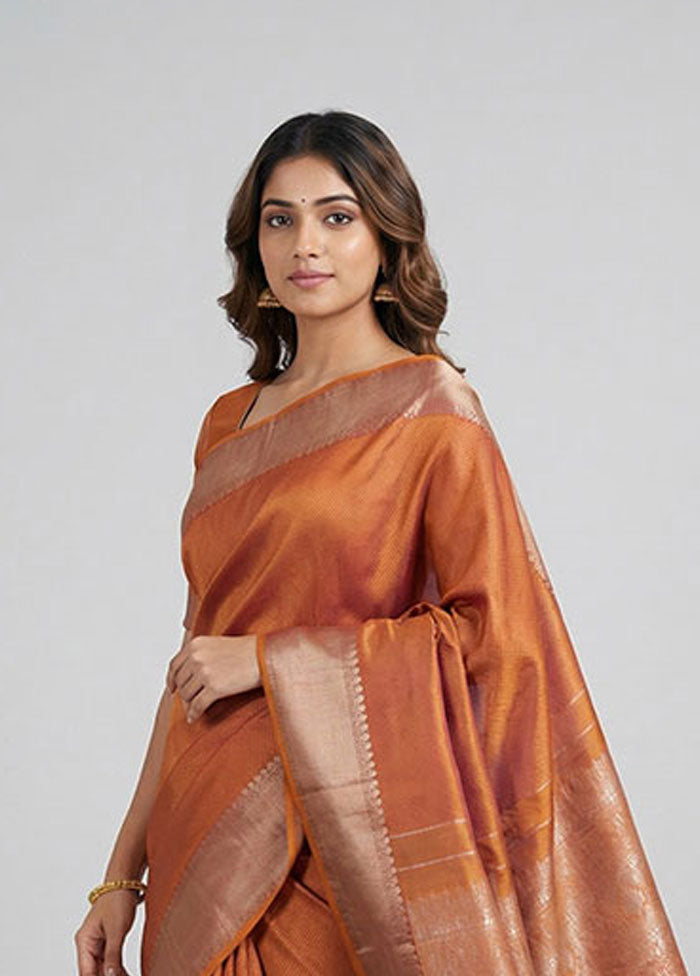 Brown Handloom Kanchipuram Pure Silk Saree With Blouse Piece