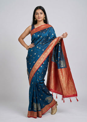 Blue Tussar Silk Saree With Blouse Piece