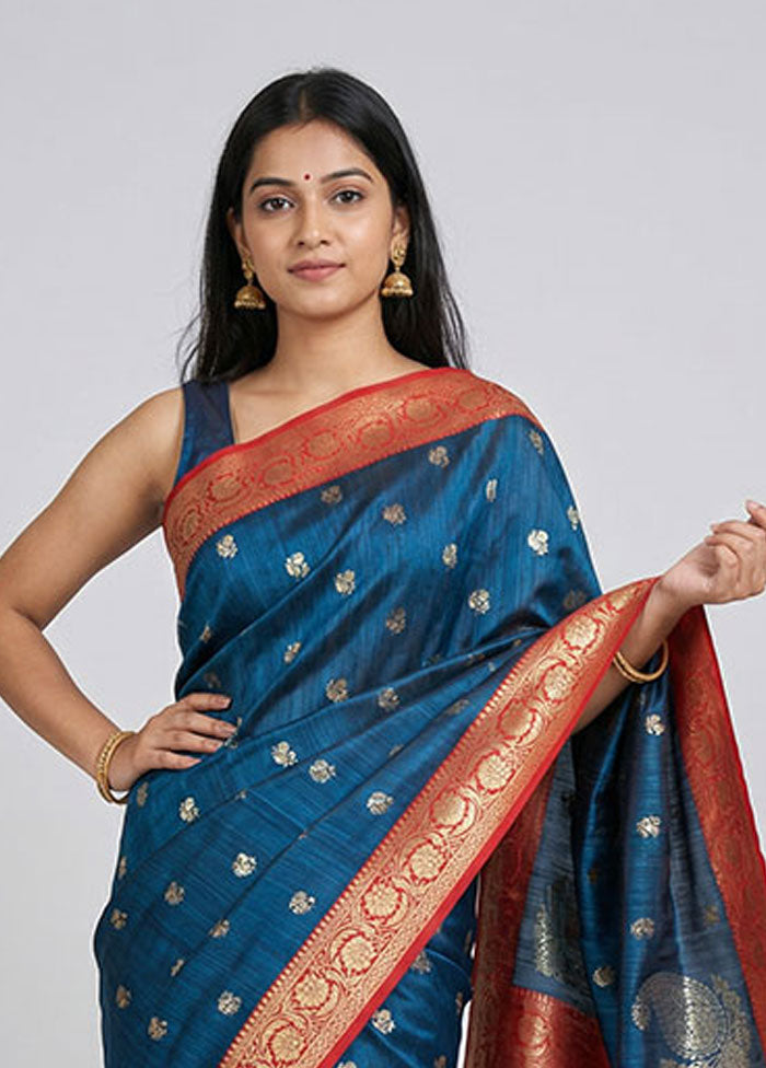 Blue Tussar Silk Saree With Blouse Piece