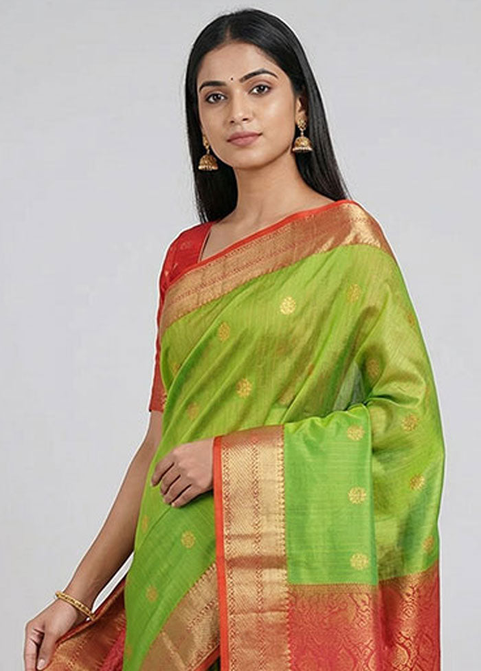 Green Handloom Kanchipuram Pure Silk Saree With Blouse Piece