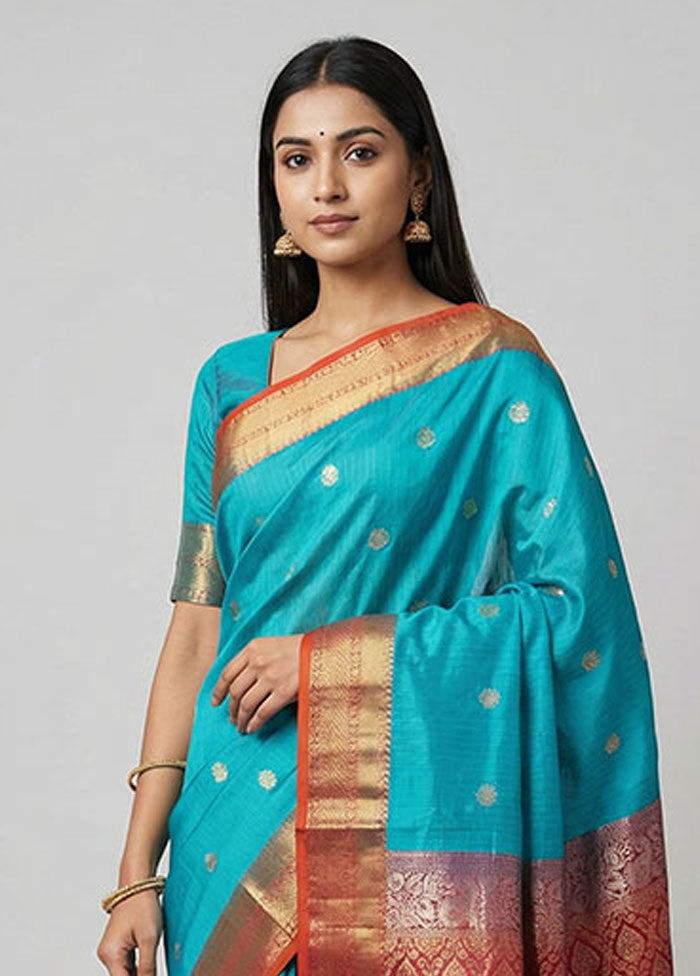 Blue Handloom Kanchipuram Pure Silk Saree With Blouse Piece