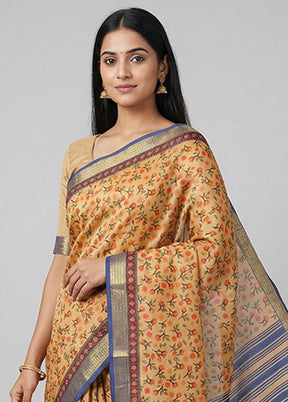 Cream Printed Pure Silk Saree Without Blouse Piece
