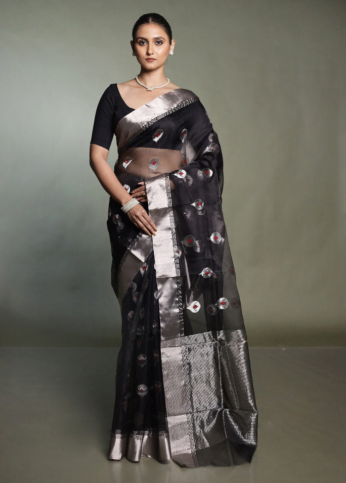 Black Handloom Chanderi Pure Cotton Saree With Blouse Piece