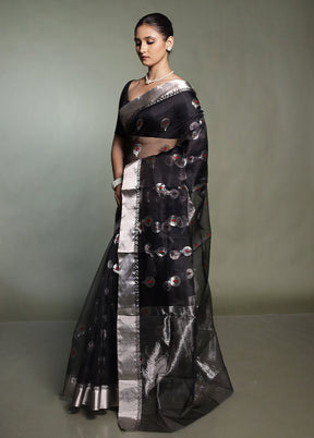 Black Handloom Chanderi Pure Cotton Saree With Blouse Piece