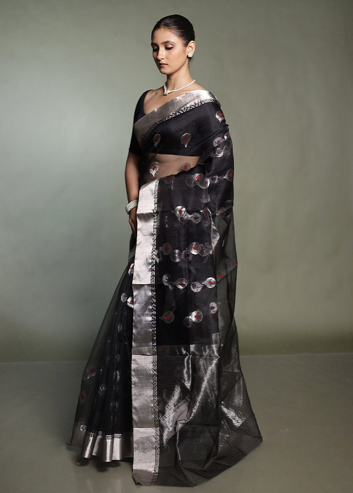 Black Handloom Chanderi Pure Cotton Saree With Blouse Piece