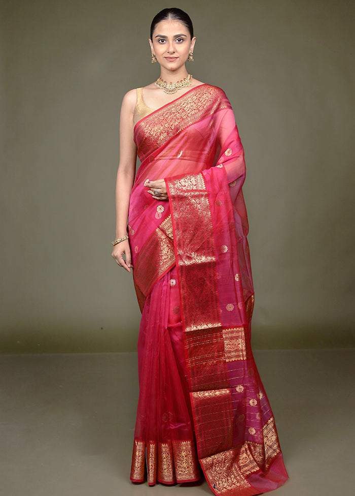 Pink Handloom Chanderi Pure Cotton Saree With Blouse Piece