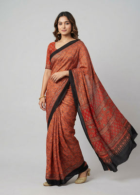 Red Printed Silk Saree Without Blouse Piece