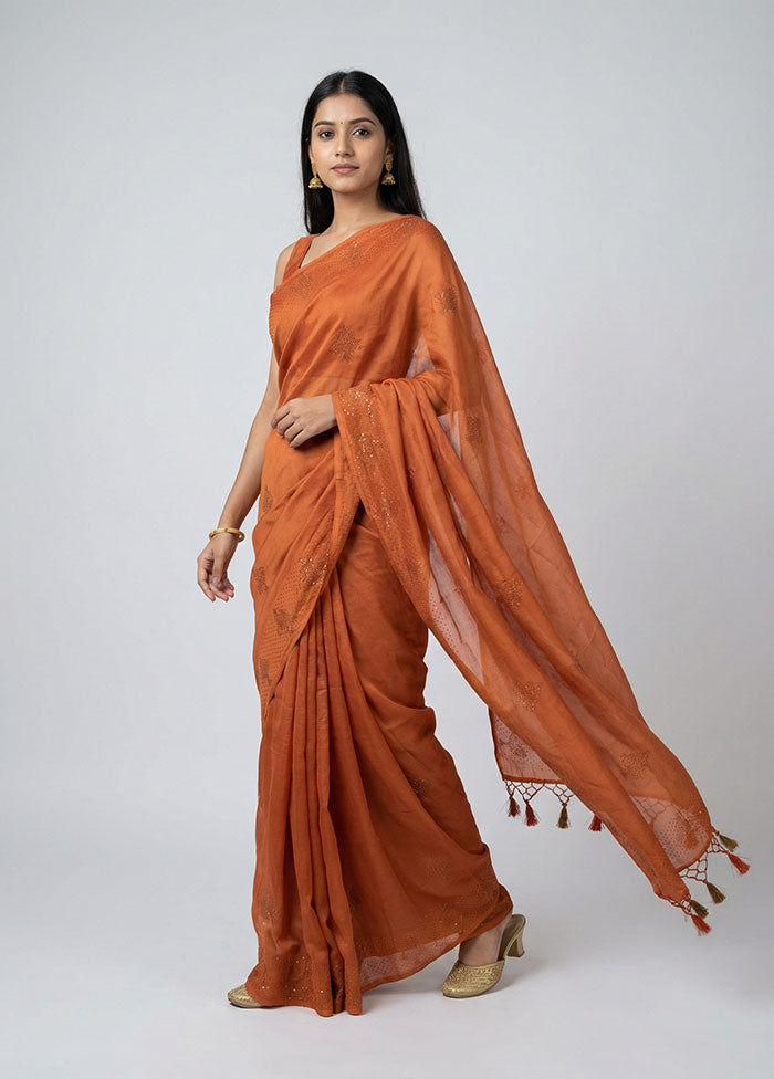 Rust Tussar Silk Saree With Blouse Piece