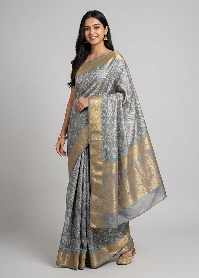 Grey Dupion Silk Saree With Blouse Piece