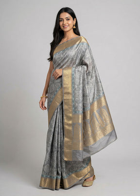 Grey Dupion Silk Saree With Blouse Piece
