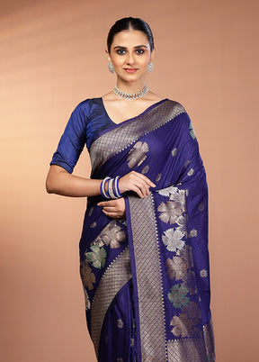 Blue Dupion Silk Saree With Blouse Piece