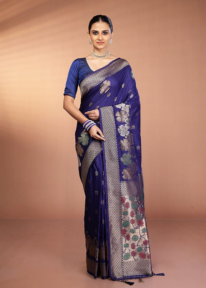 Blue Dupion Silk Saree With Blouse Piece