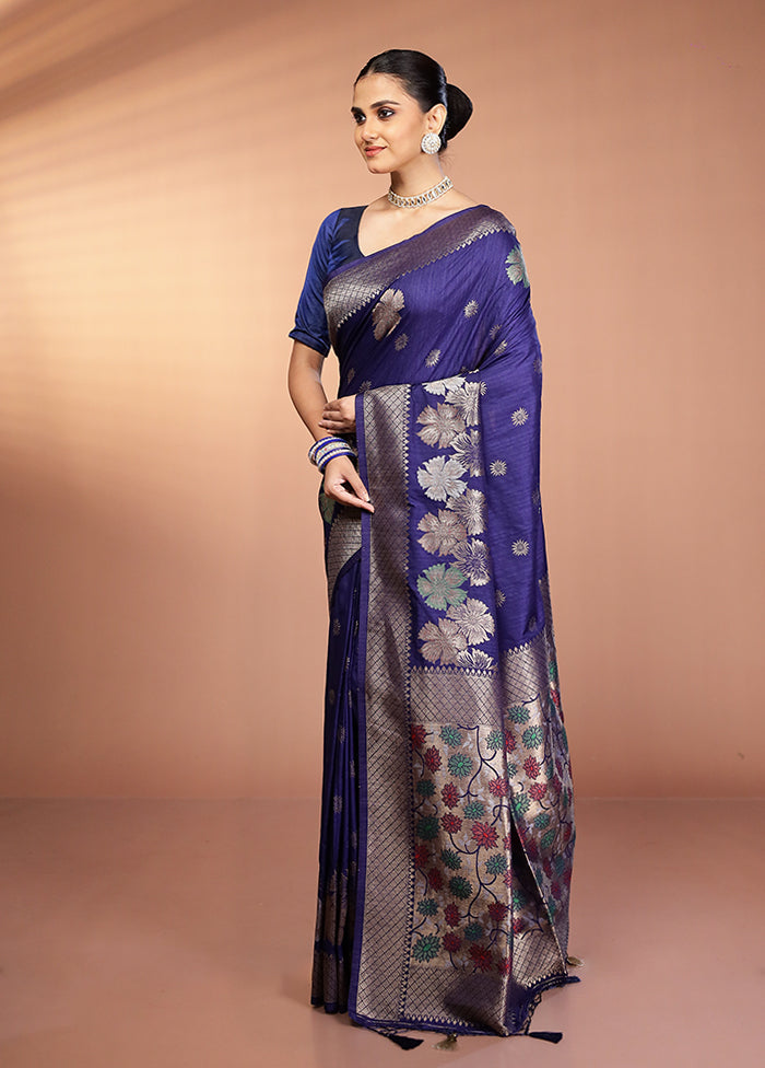 Blue Dupion Silk Saree With Blouse Piece