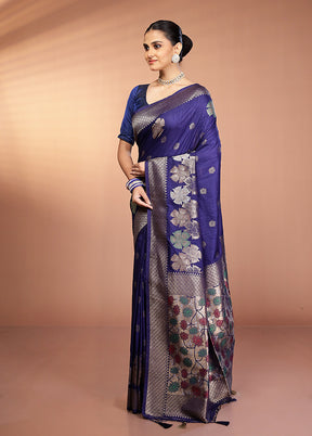 Blue Dupion Silk Saree With Blouse Piece