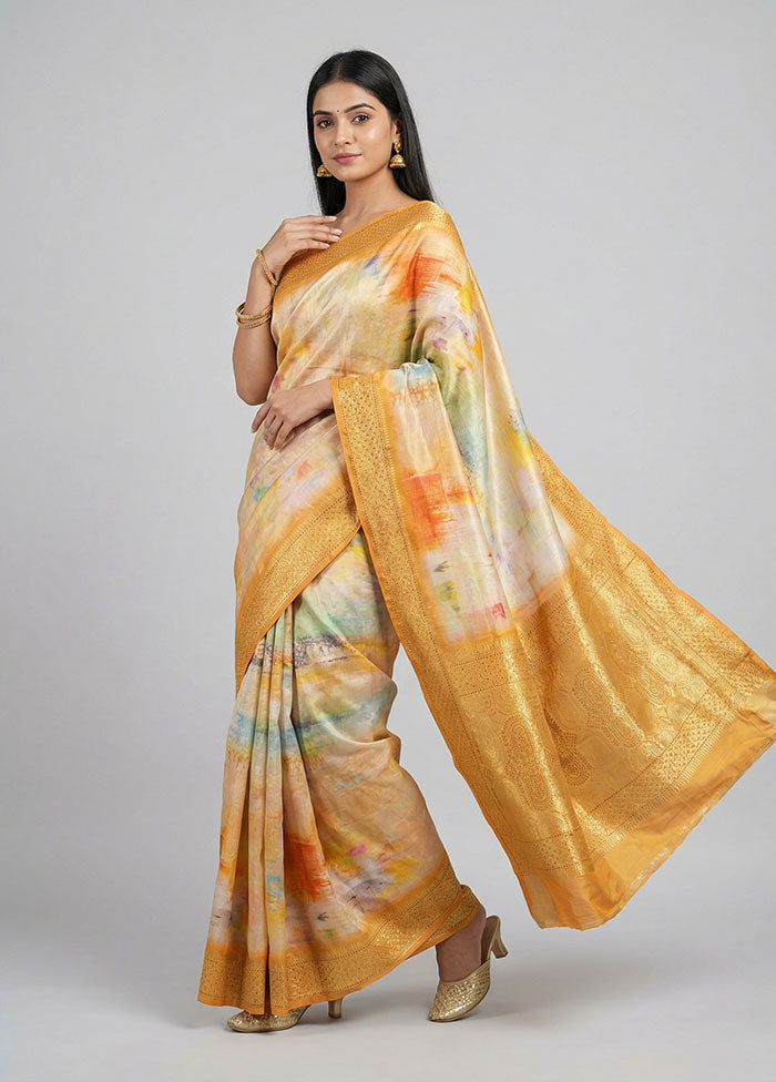 Yellow Dupion Silk Saree With Blouse Piece