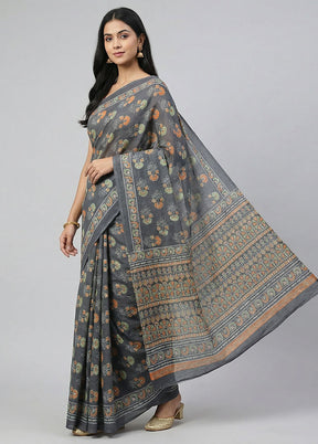 Blue Printed Silk Saree Without Blouse Piece