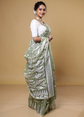 Green Tant Jamdani Saree Without Blouse Piece