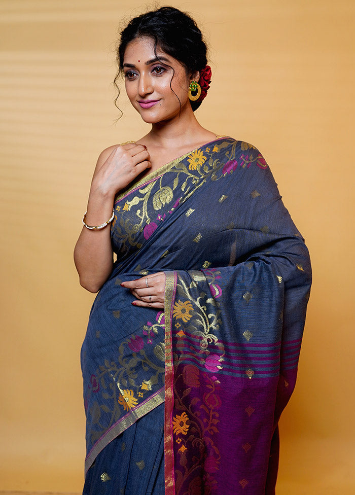 Grey Cotton Saree With Blouse Piece
