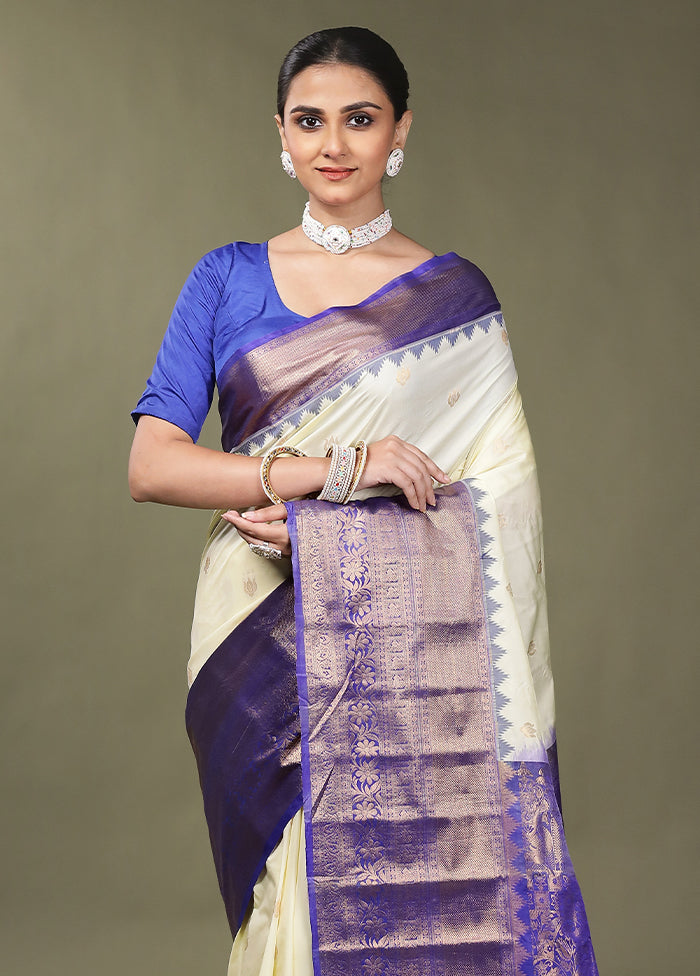 Cream Gadwal Silk Saree Without Blouse Piece
