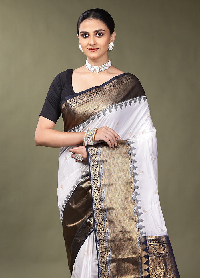 White Gadwal Silk Saree Without Blouse Piece