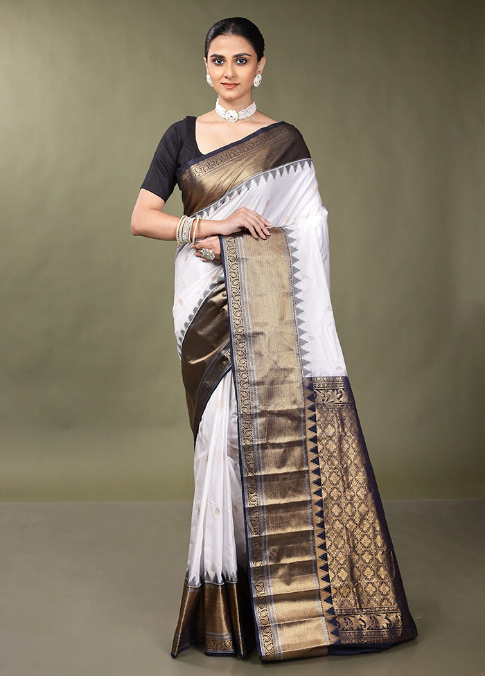 White Gadwal Silk Saree Without Blouse Piece