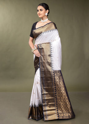 White Gadwal Silk Saree Without Blouse Piece