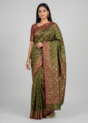 Green Tanchoi Silk Saree With Blouse Piece