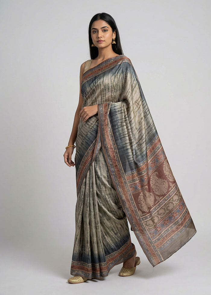 Grey Dupion Silk Saree With Blouse Piece