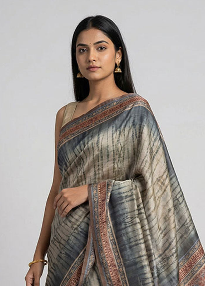 Grey Dupion Silk Saree With Blouse Piece