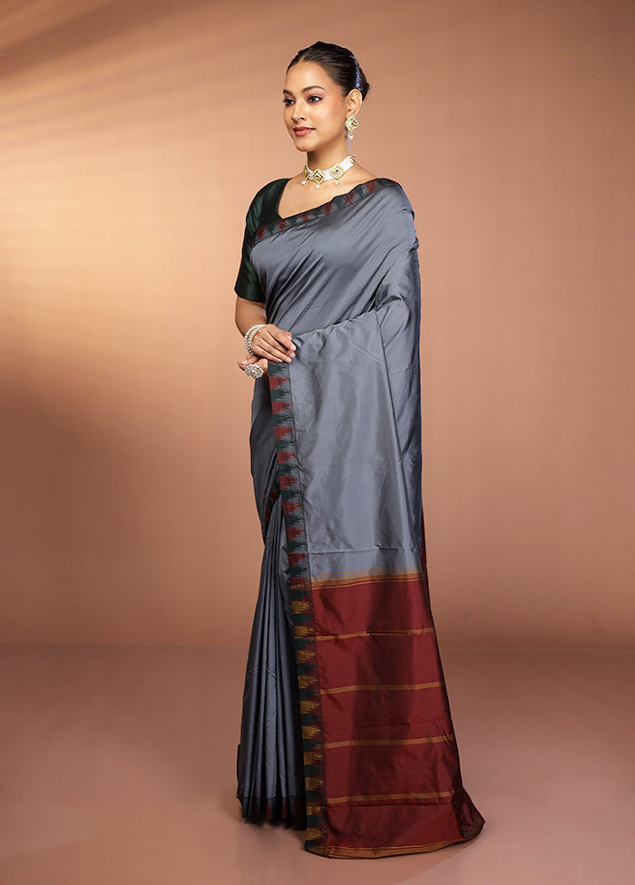 Grey Kanjivaram Silk Saree With Blouse Piece