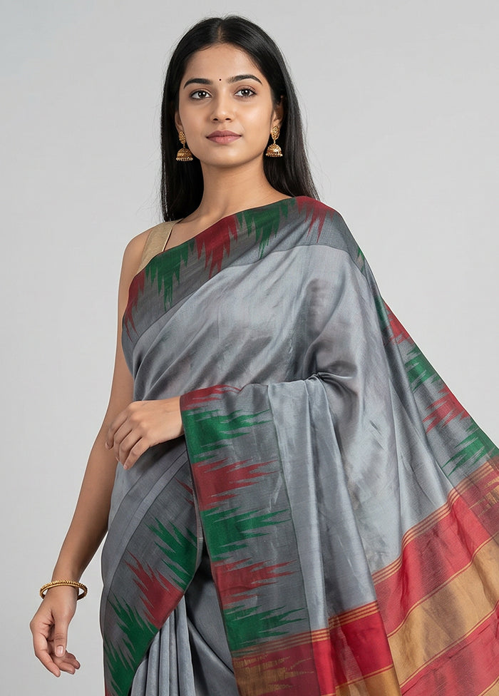 Grey Kanjivaram Silk Saree With Blouse Piece