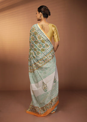 White Chanderi Silk Saree With Blouse Piece