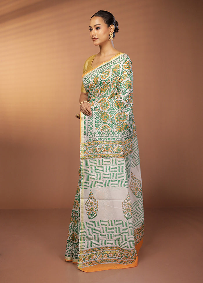 White Chanderi Silk Saree With Blouse Piece