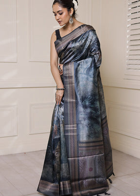 Blue Dupion Silk Saree With Blouse Piece