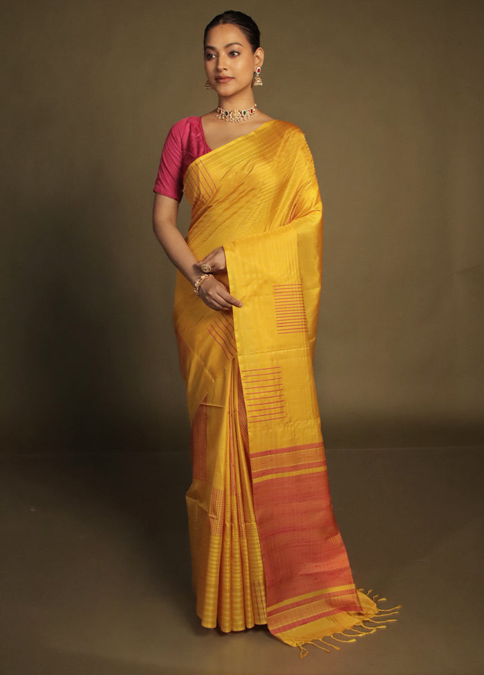 Yellow Handloom Kanjivaram Pure Silk Saree With Blouse Piece