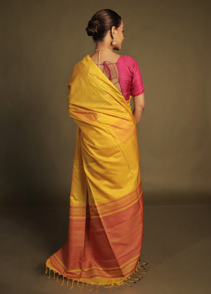 Yellow Handloom Kanjivaram Pure Silk Saree With Blouse Piece