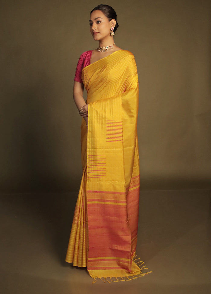 Yellow Handloom Kanjivaram Pure Silk Saree With Blouse Piece