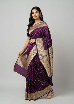 Purple Handloom Banarasi Pure Silk Saree With Blouse Piece