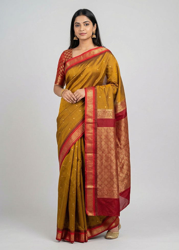 Yellow Handloom Kanjivaram Pure Silk Saree With Blouse Piece
