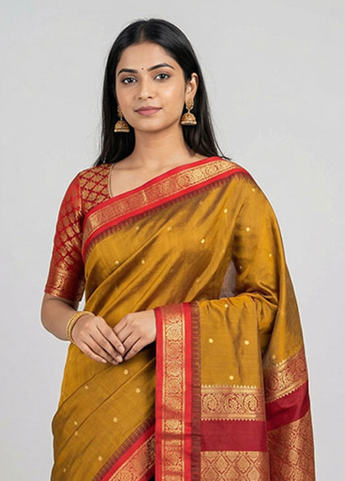 Yellow Handloom Kanjivaram Pure Silk Saree With Blouse Piece
