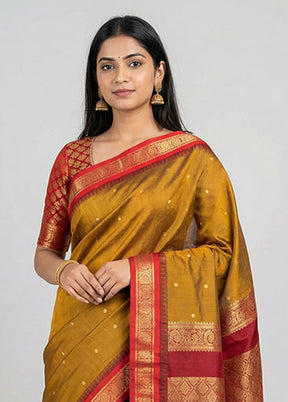 Yellow Handloom Kanjivaram Pure Silk Saree With Blouse Piece