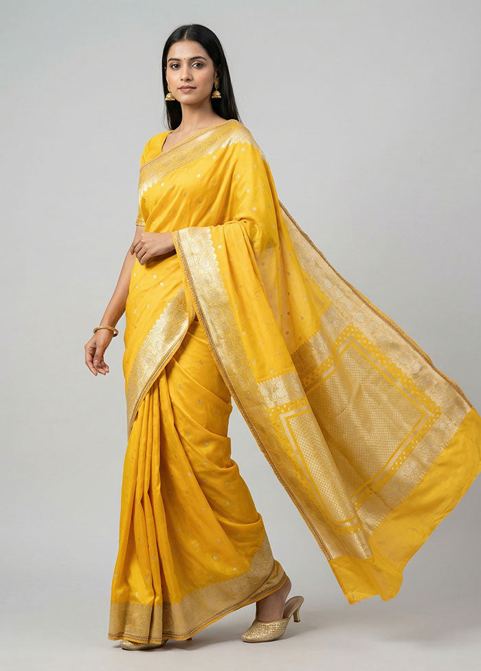 Yellow Dupion Silk Saree With Blouse Piece
