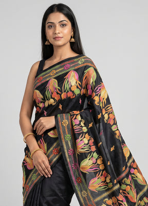 Black Kantha Stitch Silk Saree With Blouse Piece