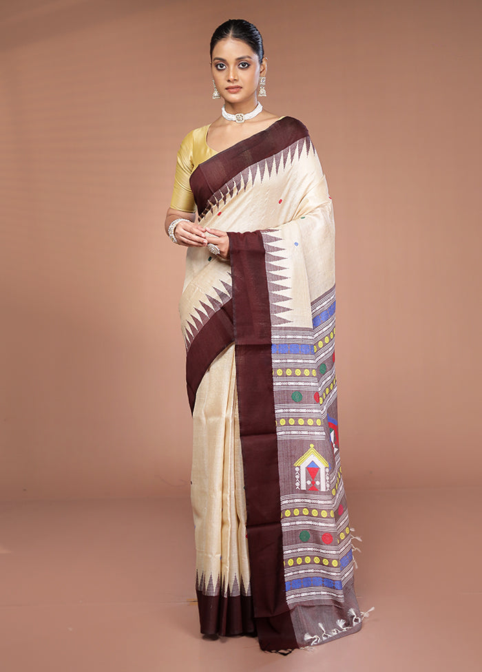 Cream Handloom Tussar Pure Silk Saree With Blouse Piece